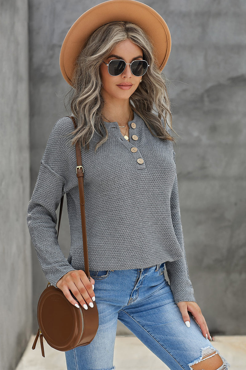 Gray Henley Pullover Drop Shoulder Sweater with Slits