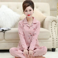 100% Cotton Long Sleeve Cardigan Pajama Set For Middle-aged Elderly Women Autumn Outer Wear Homewear