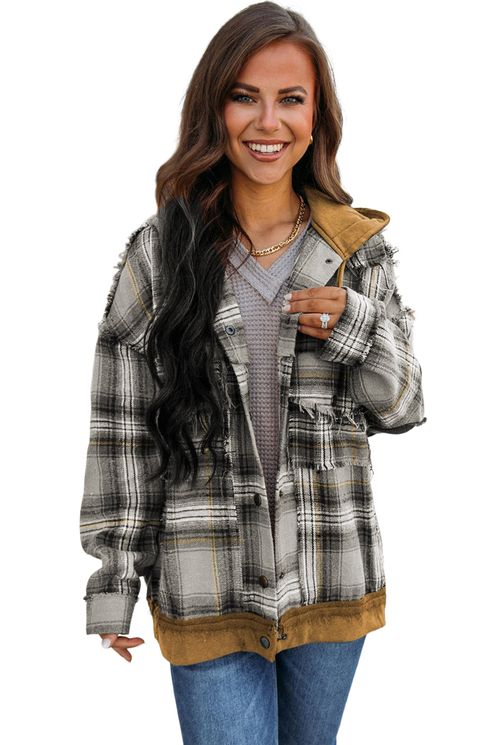 Medium Grey Plaid Patch Hooded Frayed Snap Button Jacket