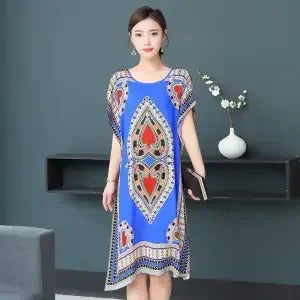 Bohemian National Style Leisure Holiday Beach Printed Poker Indonesia Floral O-neck Loose Midi Dress Pajamas Loungewear Woman