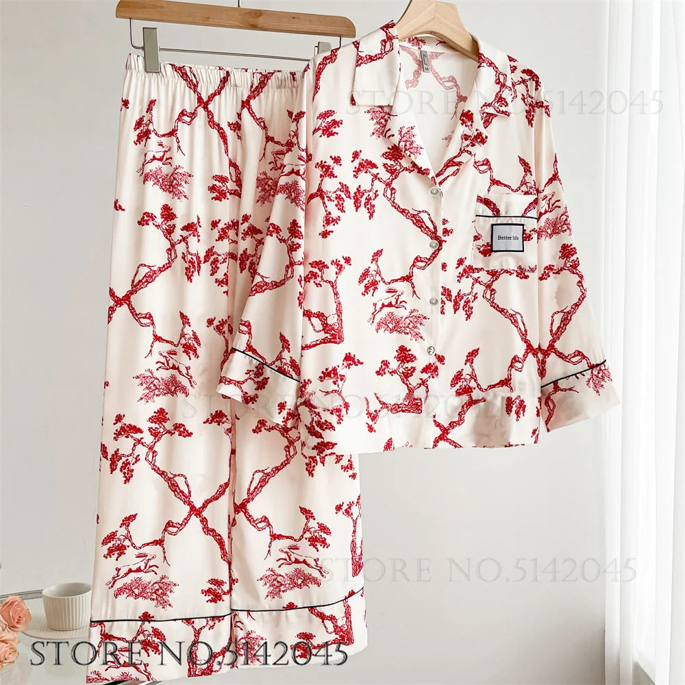 Fashion Print Flower 2PCS Pajamas Set Women Sleepwear Spring Summer Trouser Suits Lounge Wear Loose Satin Homewear Pijamas Suit