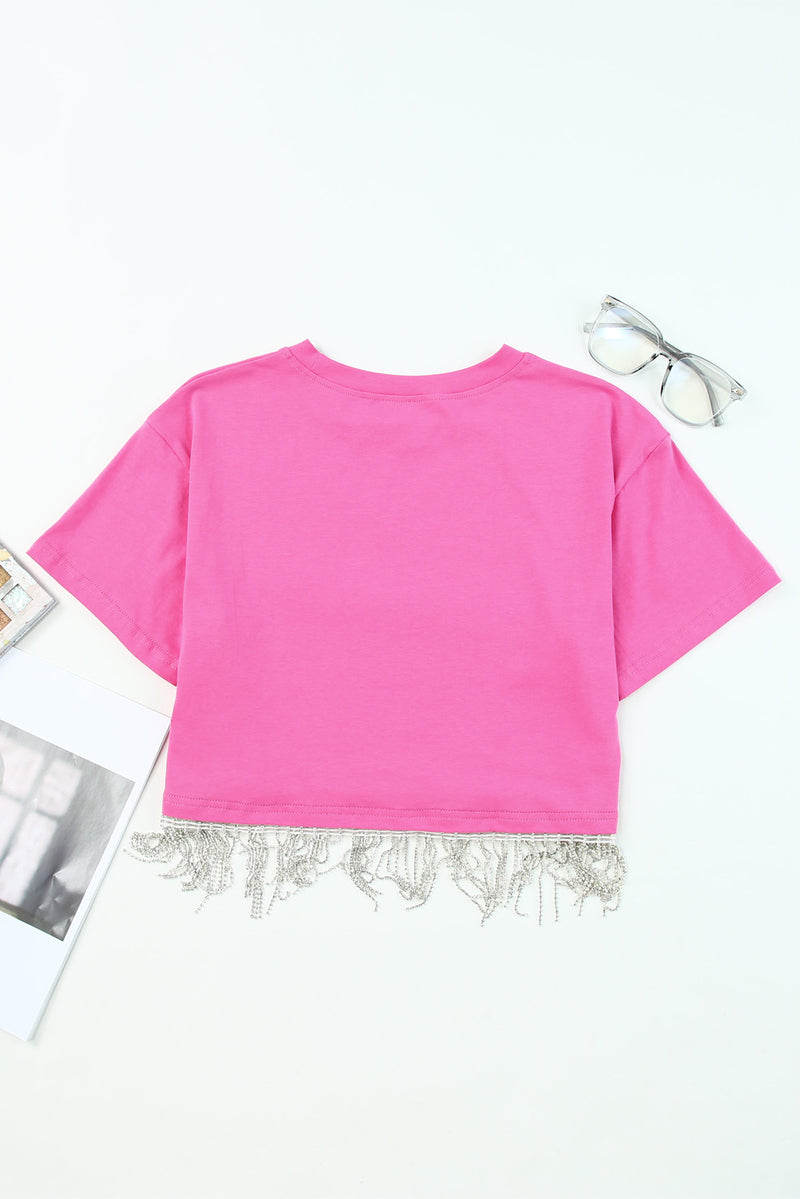 Pink Rhinestone Fringe Short Sleeve Crop Top