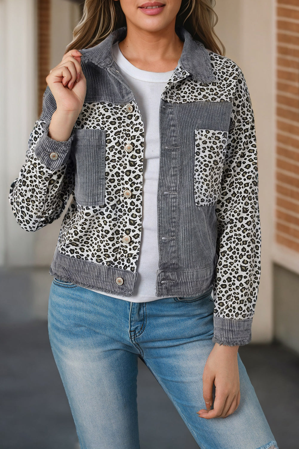 Gray Leopard Patchwork Corduroy Ripped Hem Button up Jacket