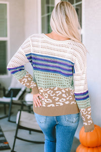 Multicolor Leopard Striped Mix Pattern Knit Crochet Sweater