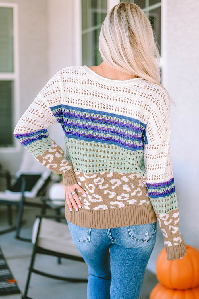 Multicolor Leopard Striped Mix Pattern Knit Crochet Sweater