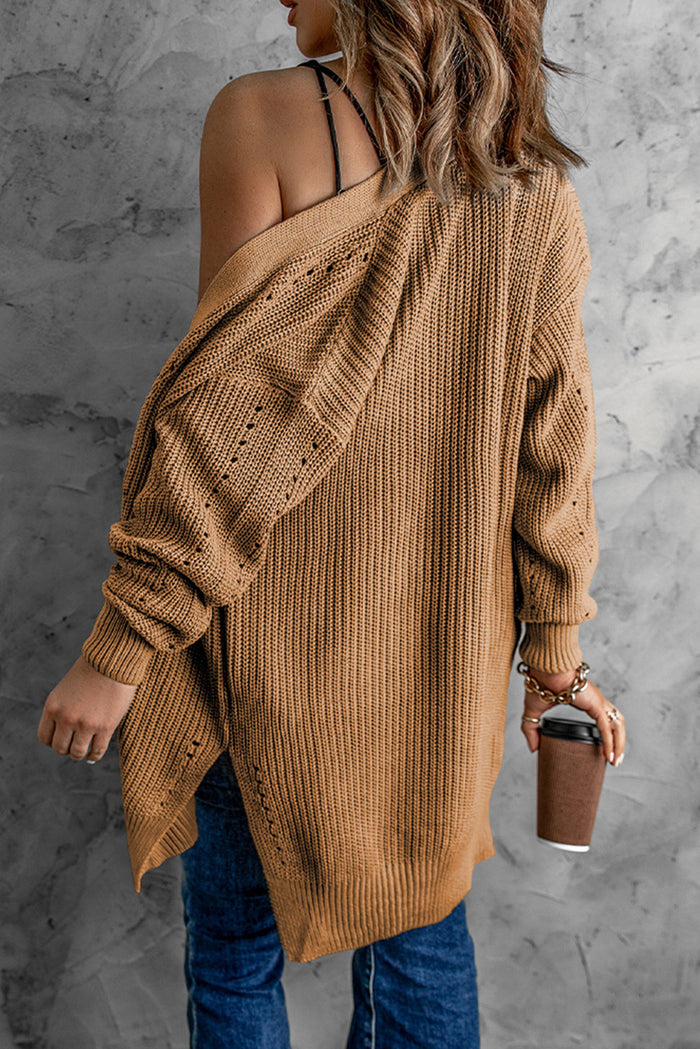 Apricot Drop Sleeve Cable Knit Cardigan with Slits