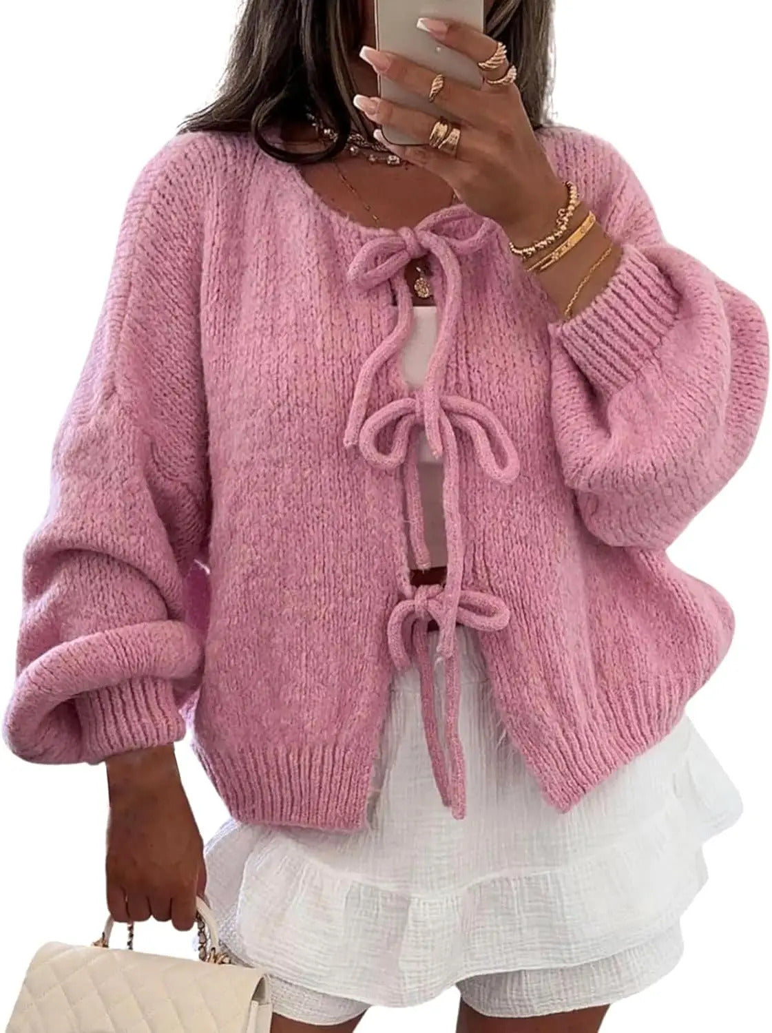 Womens Tie Front Bow Cardigan Sweaters Oversized Chunky Knit Cardigan Long Sleeve Open Front Loose Knitwears Bow Pink Tops