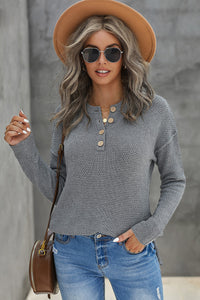 Gray Henley Pullover Drop Shoulder Sweater with Slits