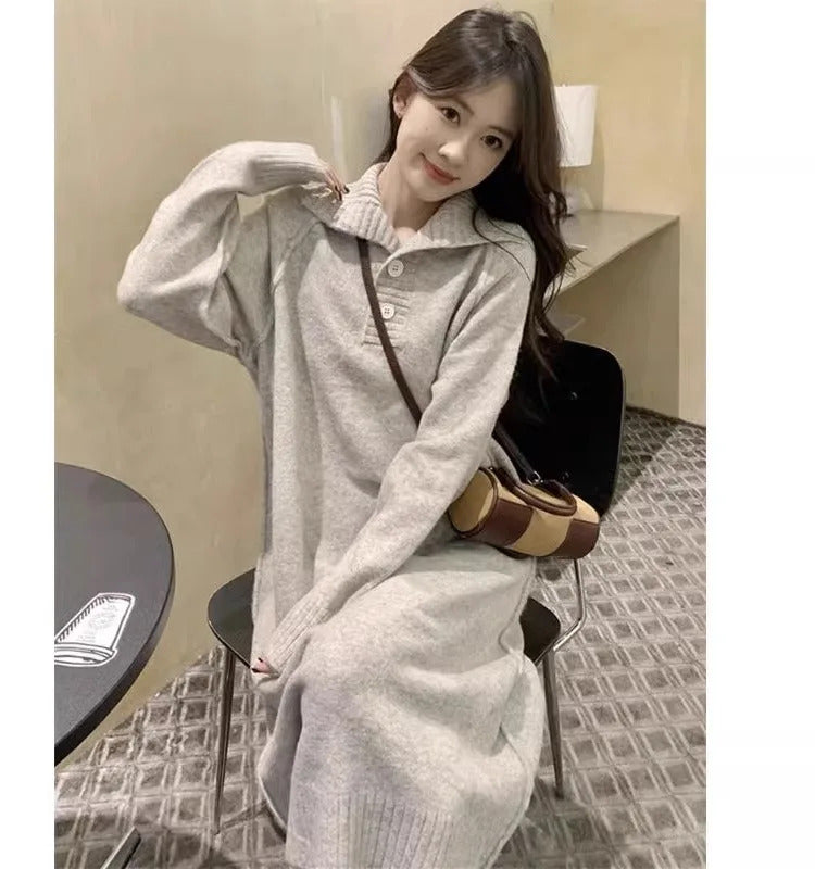 "A · Fashion" Autumn and Winter Knitted dress Polo Collar Loose Mid-Length French sle Dress