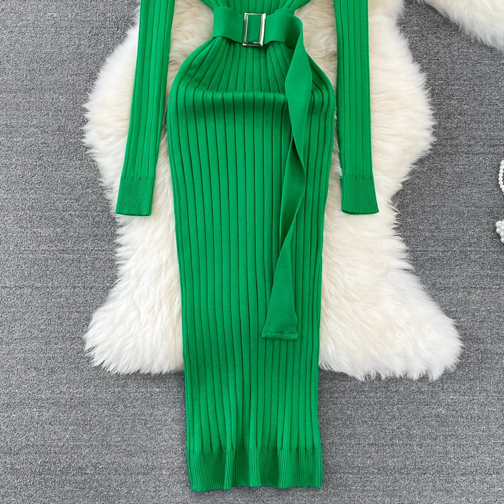 YuooMuoo Ins Hot Turtleneck Sexy Wrap Hips Knitted Dresses Women 2023 Autumn Winter Long Sleeve Bodycon Sweater Dress with Belt