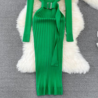 YuooMuoo Ins Hot Turtleneck Sexy Wrap Hips Knitted Dresses Women 2023 Autumn Winter Long Sleeve Bodycon Sweater Dress with Belt