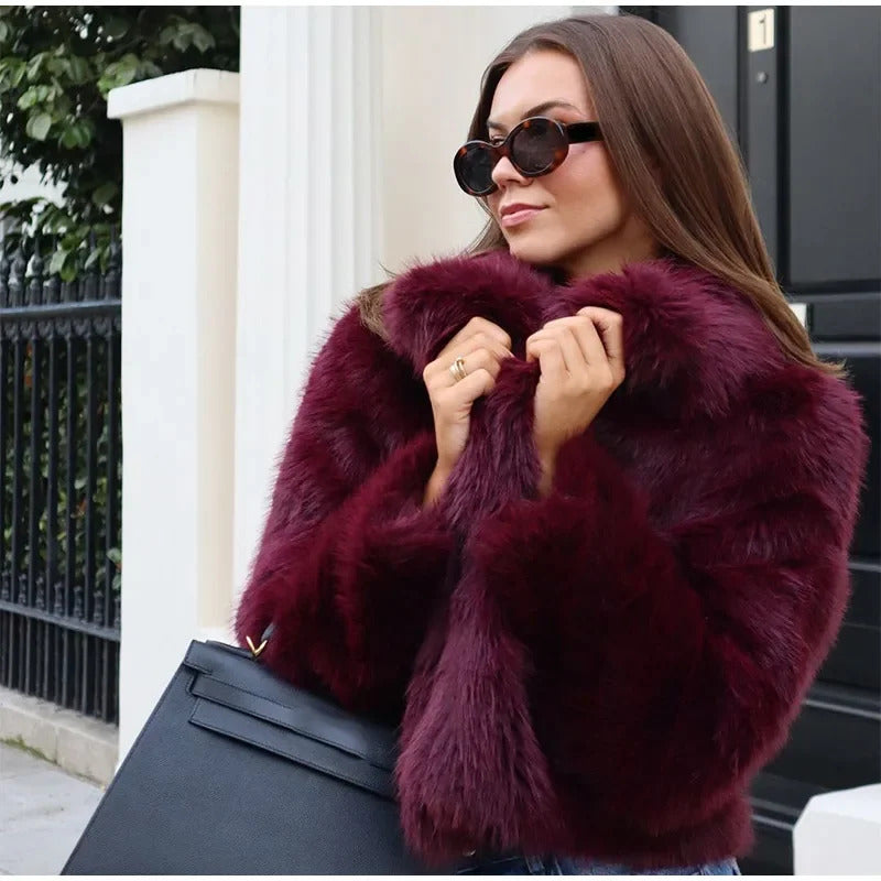 Fashion Burgundy Red Fluffy Faux Fur Short Coats Women Solid Lapel Full Sleeve Warm Jacket Winter New Chic High Street Outerwear