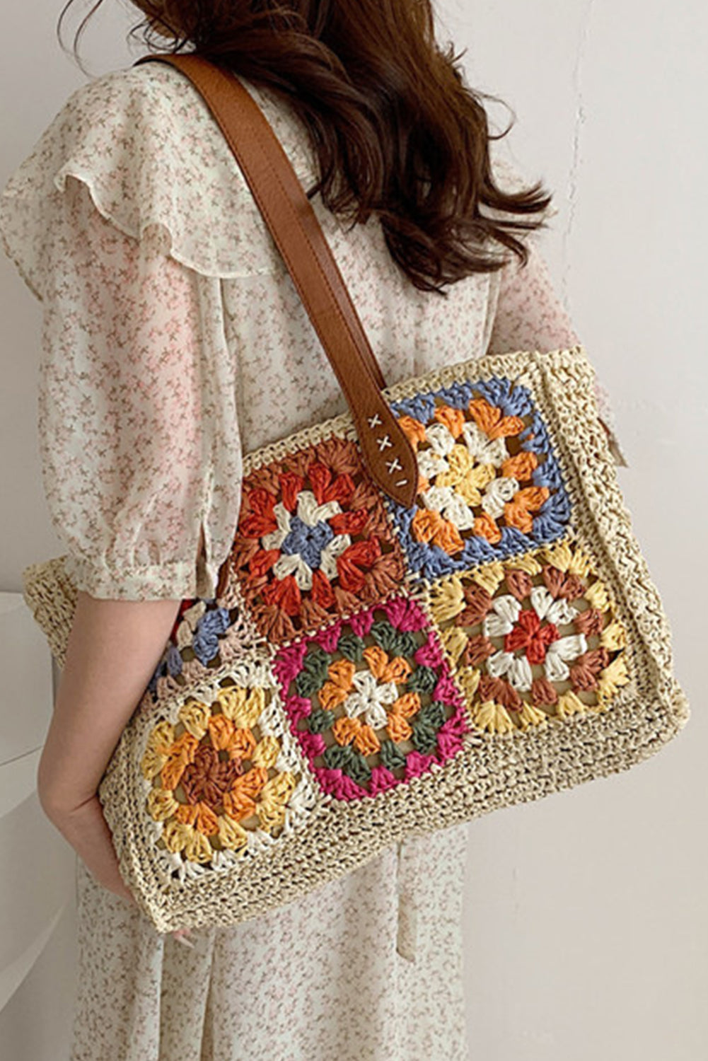 Beige Floral Crochet Large Square Tote Bag