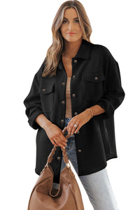 Black Solid Textured Flap Pocket Buttoned Shacket