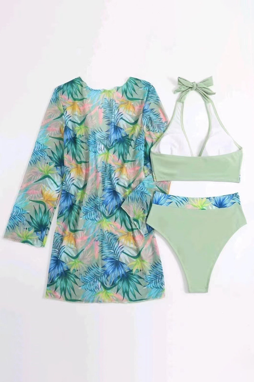 Laurel Green 3pcs Tropical Contrast Trim Halter Bikini Set with Cover up