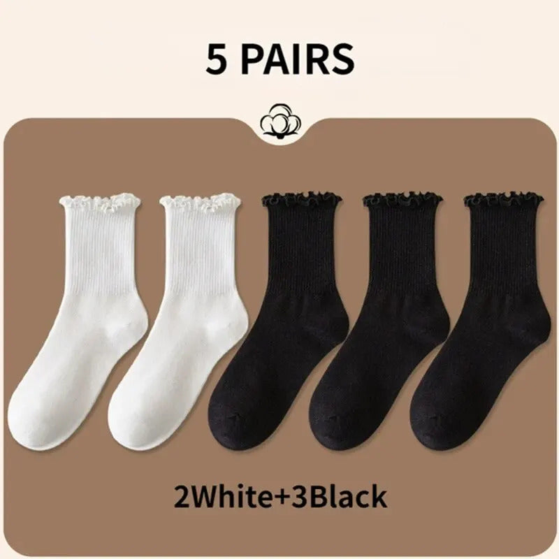 5 /10 Pairs Lot Socks for Women Ruffle Middle Tube Ankle Short Breathable Black White Set Spring Autumn