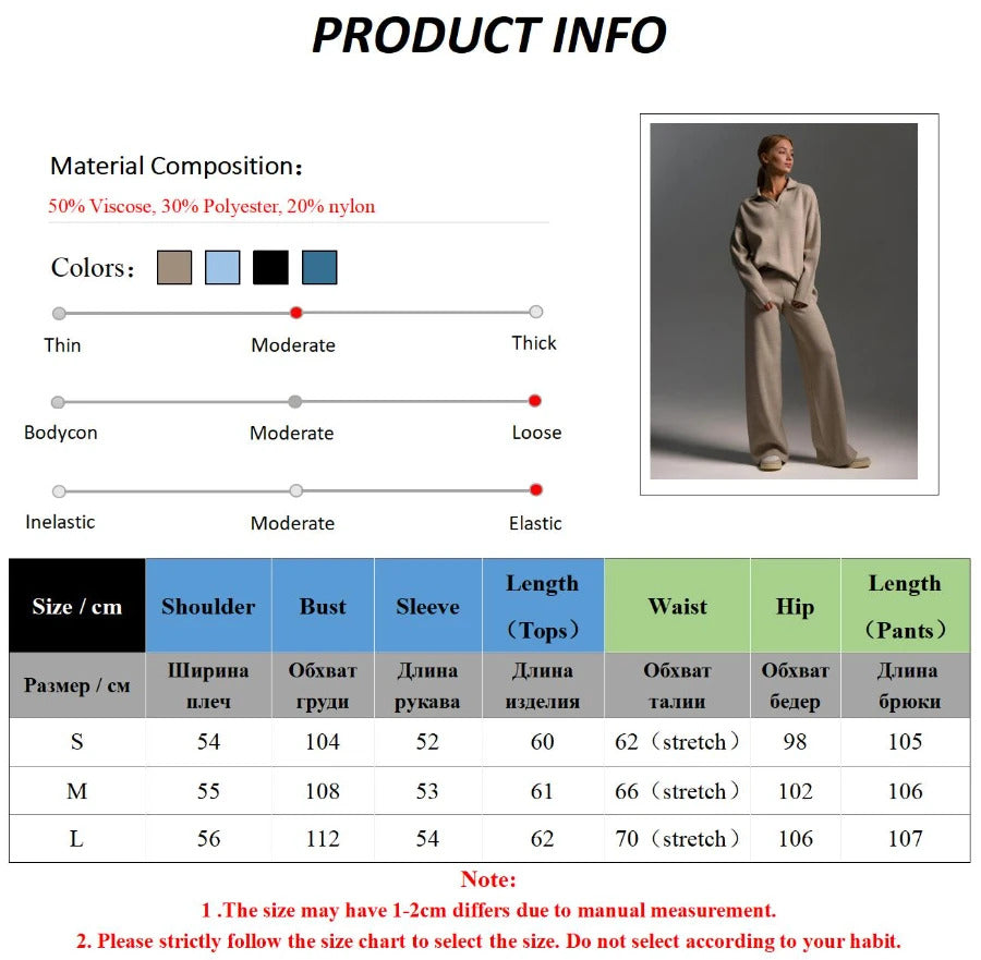 Bornladies Winter Thick Women Knitted Suits Soft 2 Pieces Sets Female Polo Neck Sweater & Wide Leg Pants Knitted Outfit