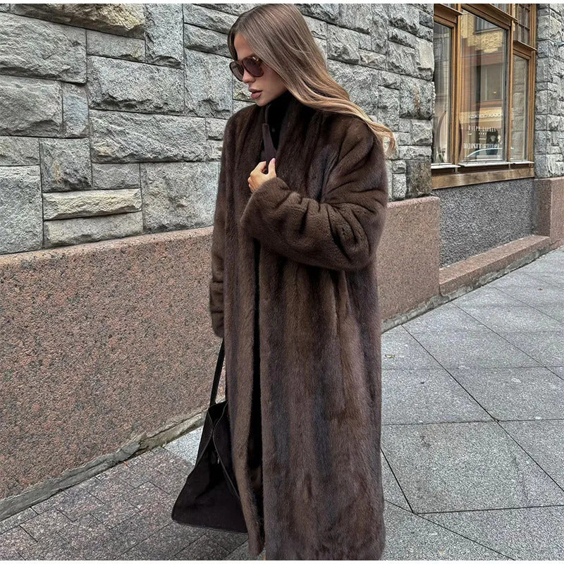 Dark Brown Faux Fur Long Overcoat For Women Fashion Lapel Single Breasted Loose Fluffy Plush Warm Coat Winter Thicken Outerwear