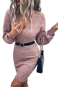 Pink V Neck Bodycon Sweater Dress