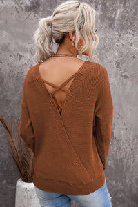 Brown Cross Back Hollow-out Sweater