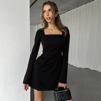 Tossy Bandage Fashion Square Collar MIni Dress For Women Slim High Waist Patchwork Elegant Bodycon Dress Female Autumn Dress New