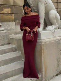 Women Burgundy Knitted Long Sweater Fashion Off-the-shoulder Pullover Long Dress Fall Winter Female Party Commuter Outfit