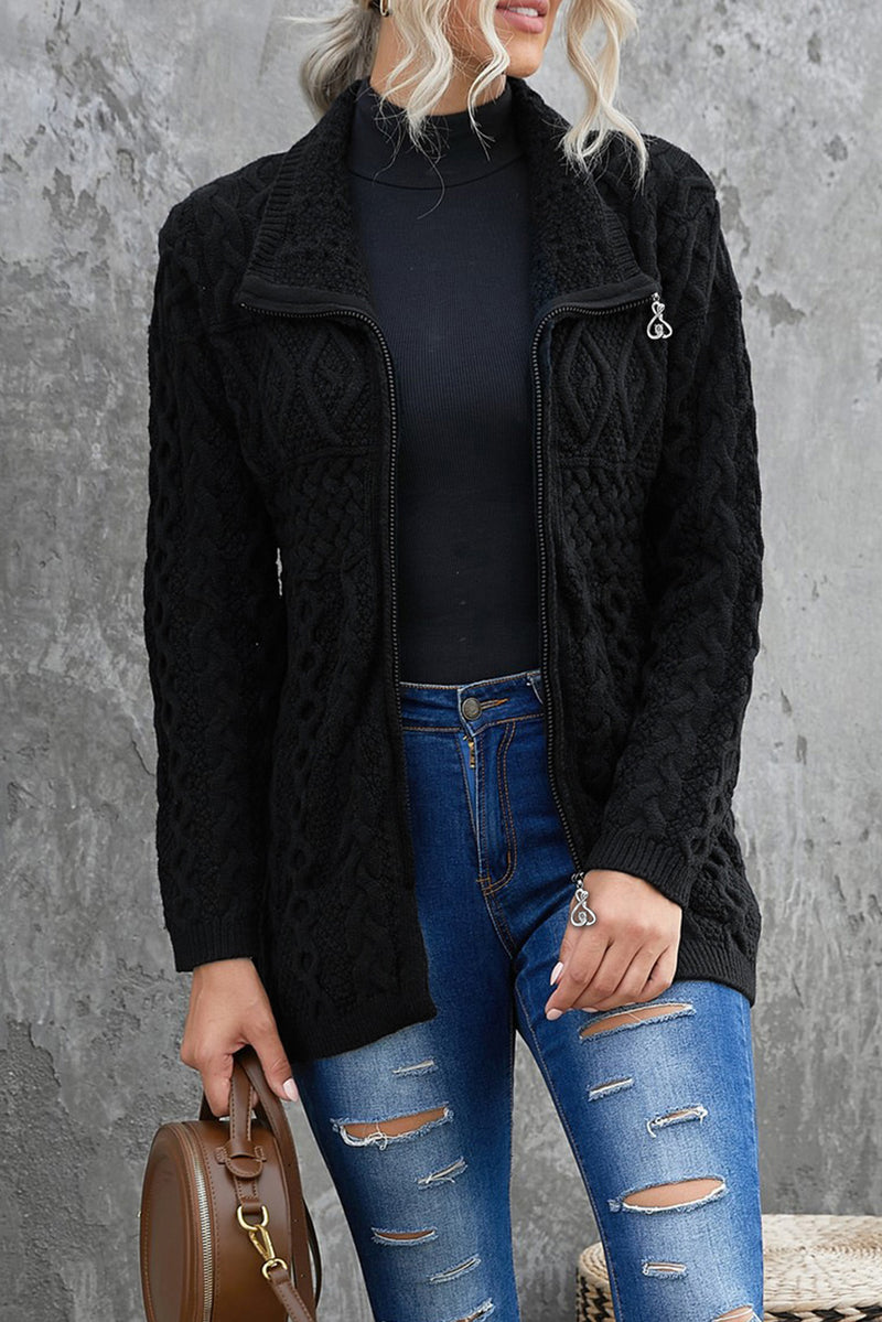 Black Zip-up Open Front Knitted Sweater