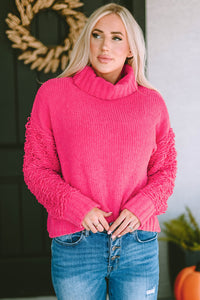 Pink Ribbed Turtleneck Fuzzy Sleeve Knit Sweater