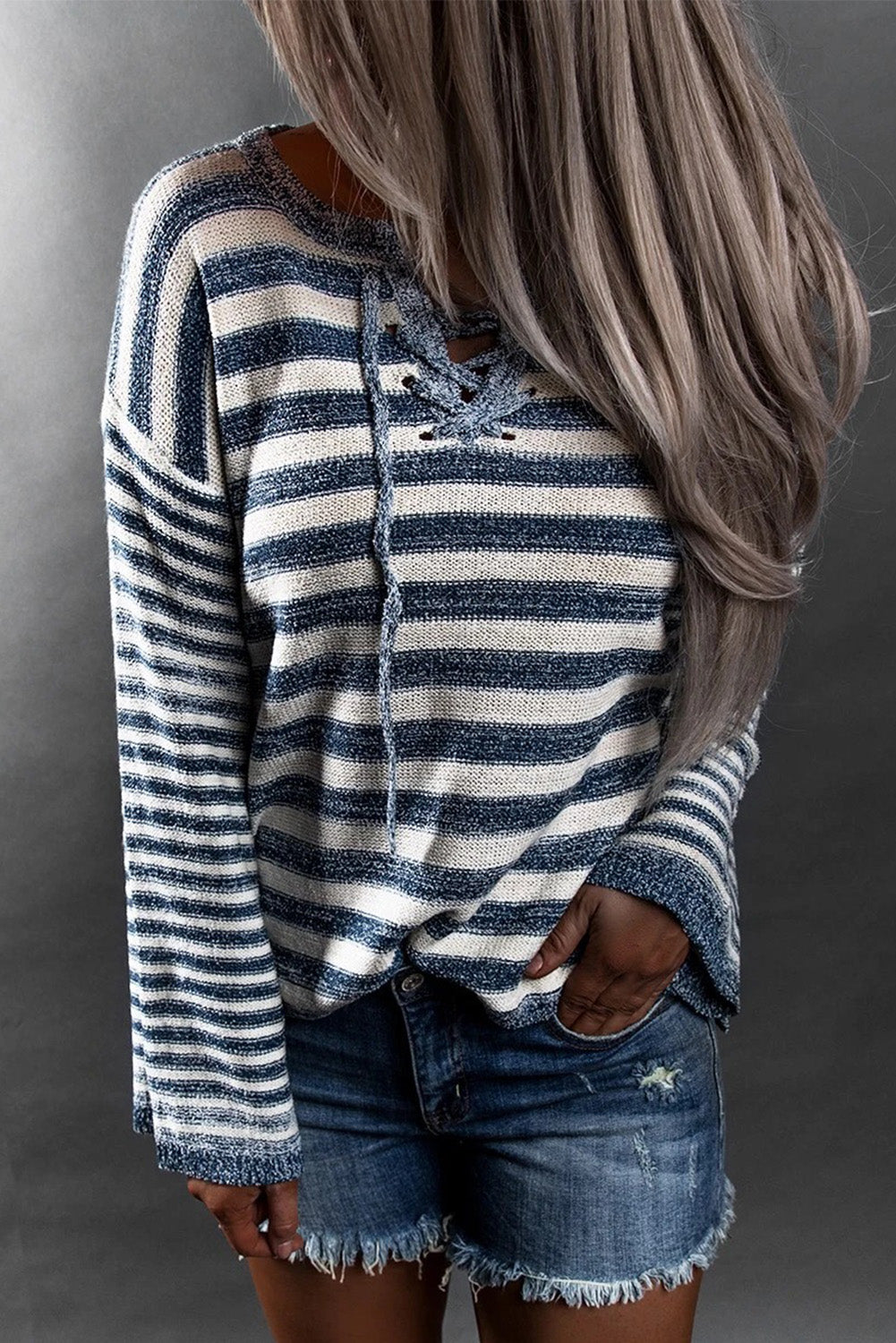 Blue Striped Knit Tie up Sweater