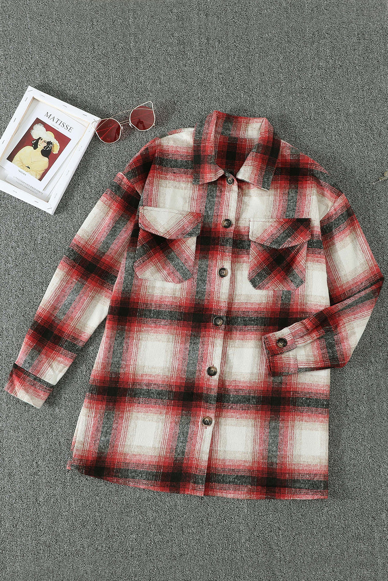 Fiery Red Turn down Neck Plaid Pocket Button Closure Coat