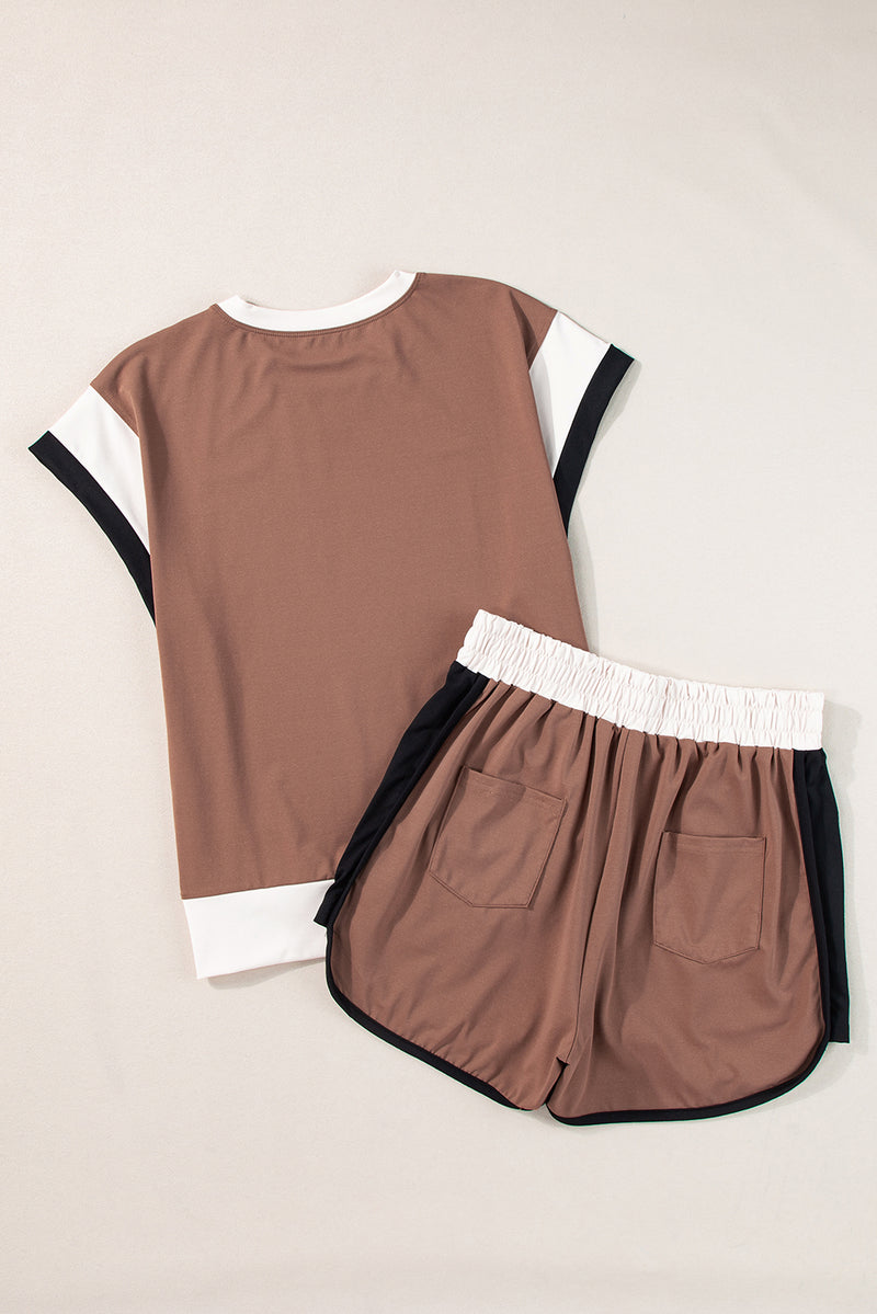 Dark Green Contrast Trim Cap Sleeve Tee Shorts Set