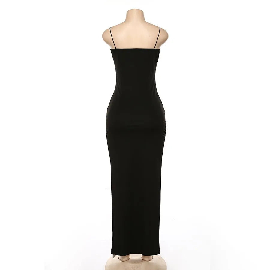 2024 Women's Sexy Sleeveless Slit Black Dress Summer High Waist Open Back Slim Fit Long Party Club Slip Dress