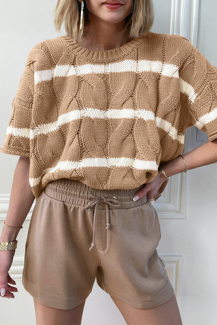 Dark Khaki Striped Cable Short Sleeve Sweater