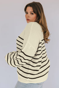 Khaki plus Size Striped Drop Shoulder Puff Sleeve Sweater