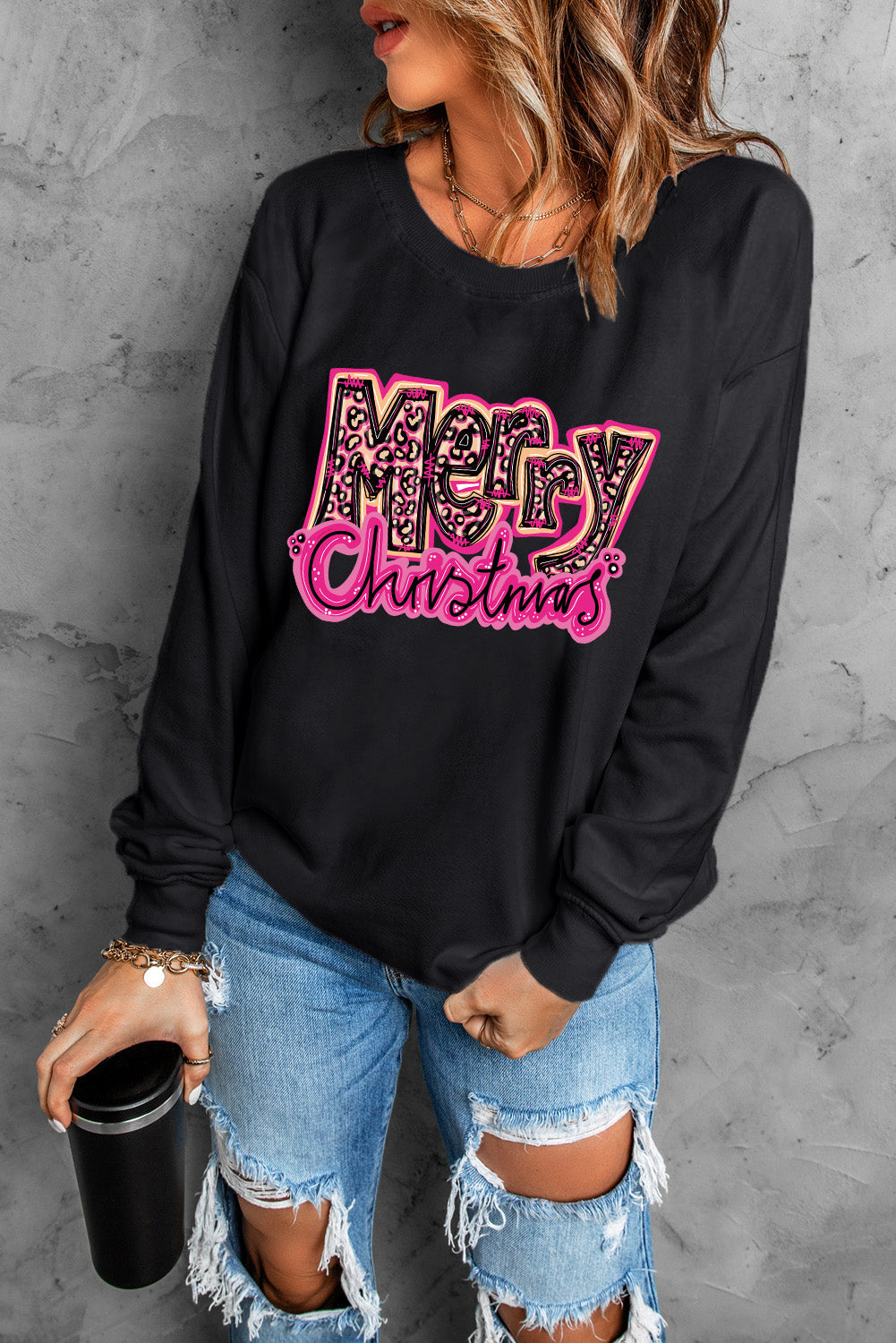 Black Merry Christmas Cool Letter Graphic Sweatshirt