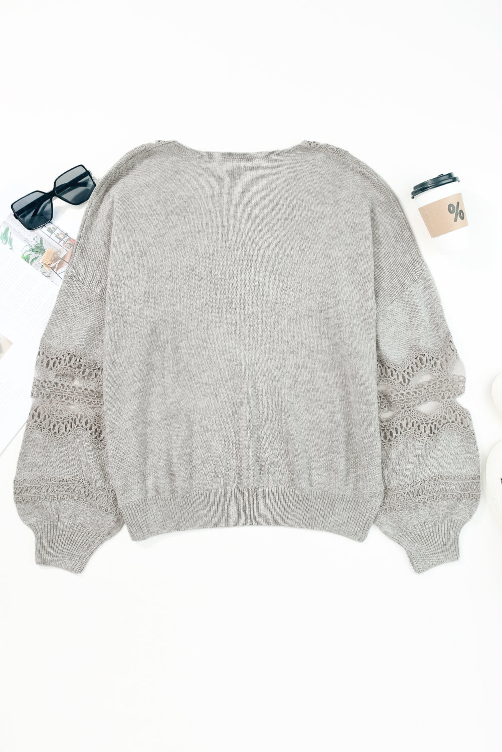 Gray Plus Size Hollowed Lace Splicing V Neck Sweater