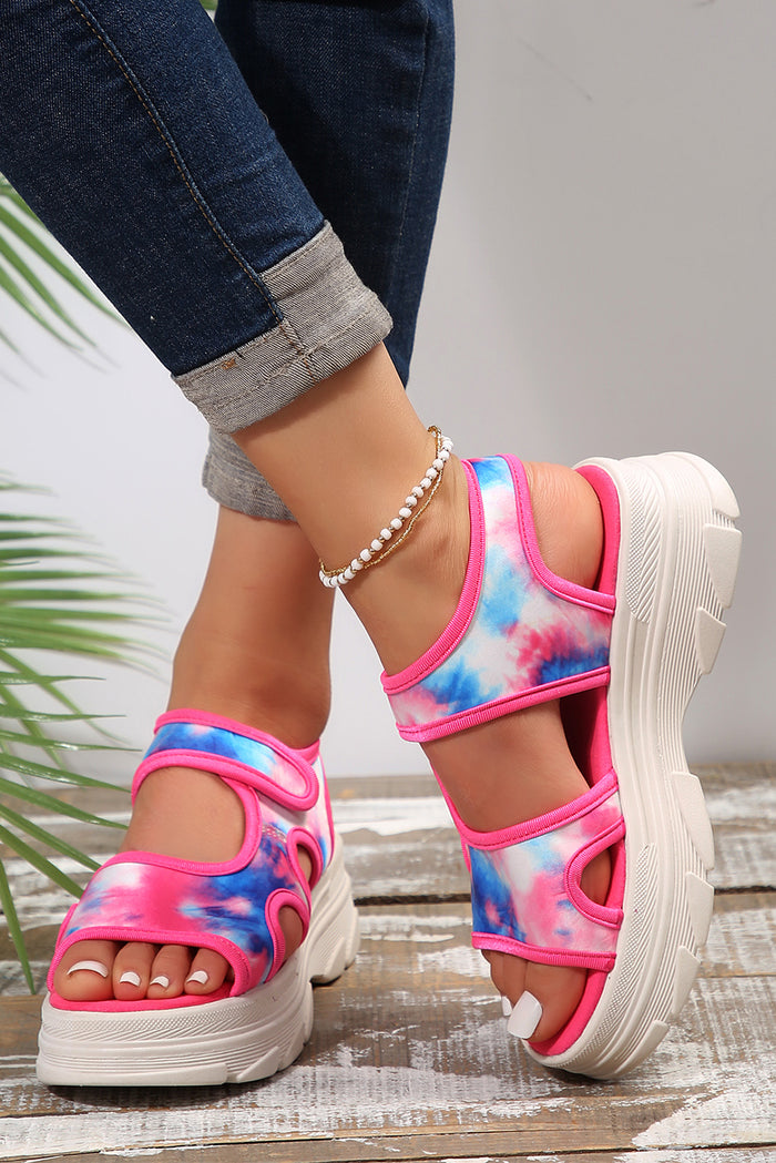 Strawberry Pink Tie Dye Print Hollow Out Velcro Platform Sandals