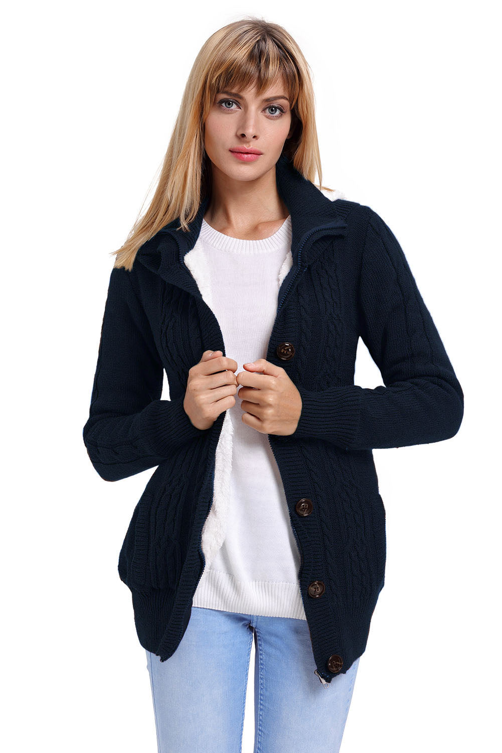 Navy Blue Long Sleeve Button-up Hooded Cardigans