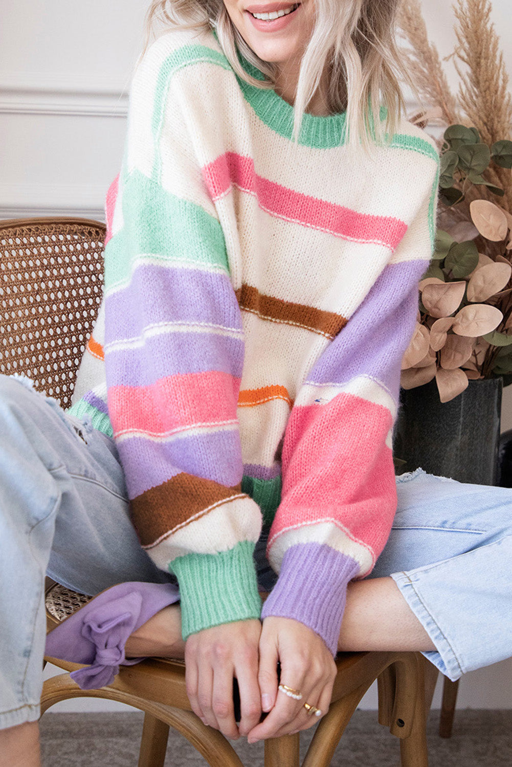 Multicolor Striped Colorblock Drop Shoulder Sweater