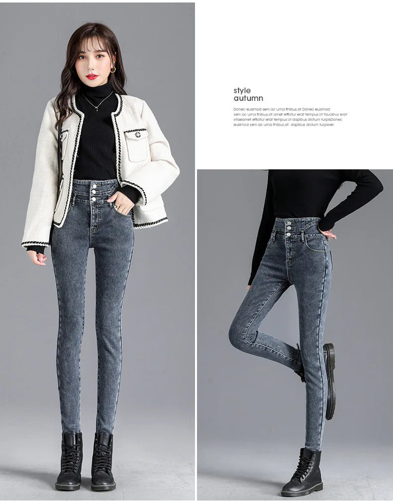 Thermal Winter Thick Fleece High-waist Warm Skinny Jeans Thick Women Stretch Button Pencil Pants Mom Casual Velvet Jeans