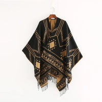 Cloak Poncho Capes 2024 New Indian Nepalese Style Geometric Tassel Split Women Shawl Warm Air Conditioning Room Lady Blue