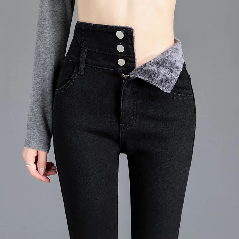 Thermal Winter Thick Fleece High-waist Warm Skinny Jeans Thick Women Stretch Button Pencil Pants Mom Casual Velvet Jeans