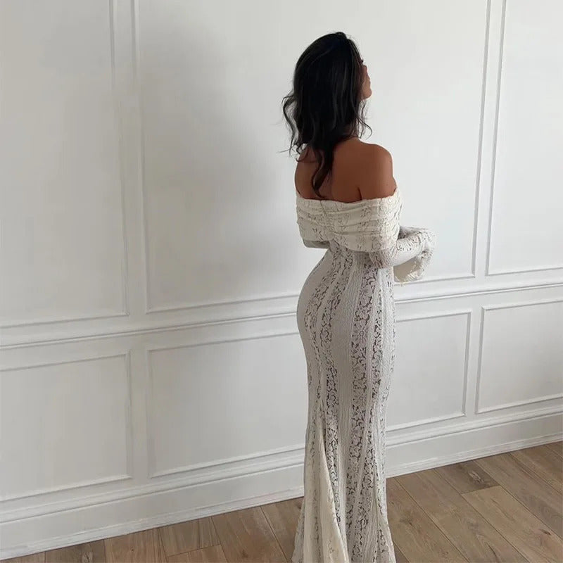 White Off Shoulder Lace Up Flare Long Sleeve Slim Maxi Dress Women Hollow Out Mermaid Floor Length Vestidos Female Elegant Robe