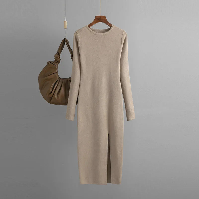 HLBCBG Elegant Winter Long Sleeve Pullover Midi Dress Thick Warm  bodycon Party Dresses O Neck Long Knit Women Sweater Dress