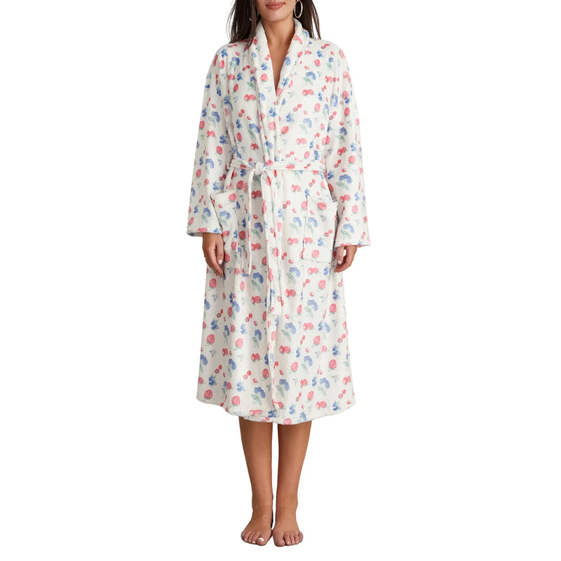 Women Flannel Robe Home Sleepwear Floral Print Shawl Collar Bathrobe Kimono Robe with Belt Winter Warm Pajamas Clothes