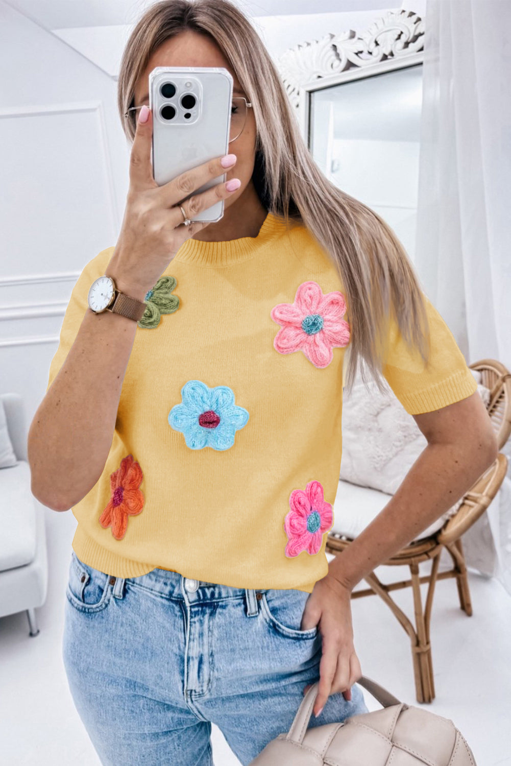 Yellow Cream Cute Flower Applique Short Sleeve Sweater