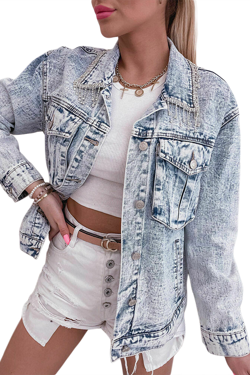 Mist Blue Retro Rhinestone Fringed Collar Light Wash Denim Jacket