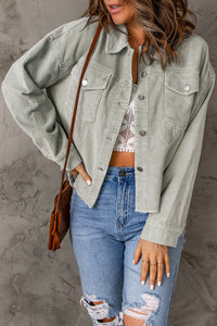 Sky Blue Raw Hem Flap Pockets Cropped Corduroy Jacket