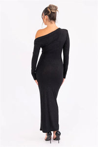 Mozision Sparkle Long Sleeve Sexy Maxi Dress For Women Inclined Shoulder Backless Bodycon Ruched Club Party Sexy Long Dress