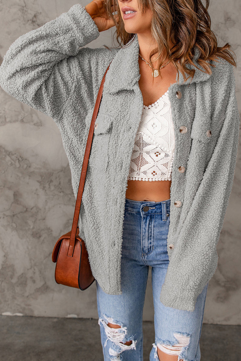 Gray Flap Pockets Button Front Teddy Jacket